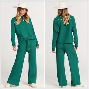 ANRABESS Ribbed Knit Sweater Set Long Sleeve Crop High Waist Wide Leg Pants Sz M